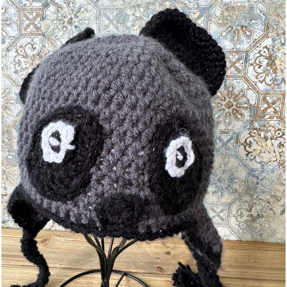 Panda Beanie Crochet Earflap Kids One Size Grey Black Excellent